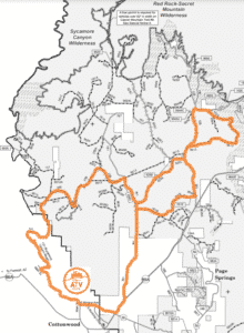 OHV trail map route from Vortex ATV to Diamondback Gulch OHV Trail located in Sedona, Arizona