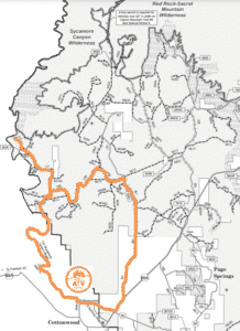 Off-Roading OHV trail map route from Vortex ATV to Sycamore Canyon Wilderness via Verde River in Cottonwood, Arizona