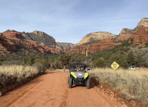 Vortex ATV 2-seater rental on rough dirt road in Secret wilderness of Sedona, Arizona